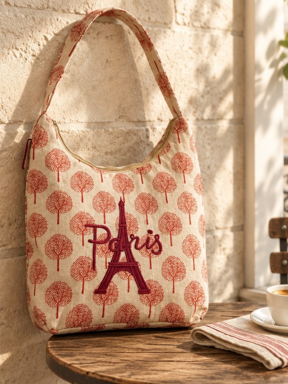 Paris Embroidered Beige and Red Canvas Shoulder Bag